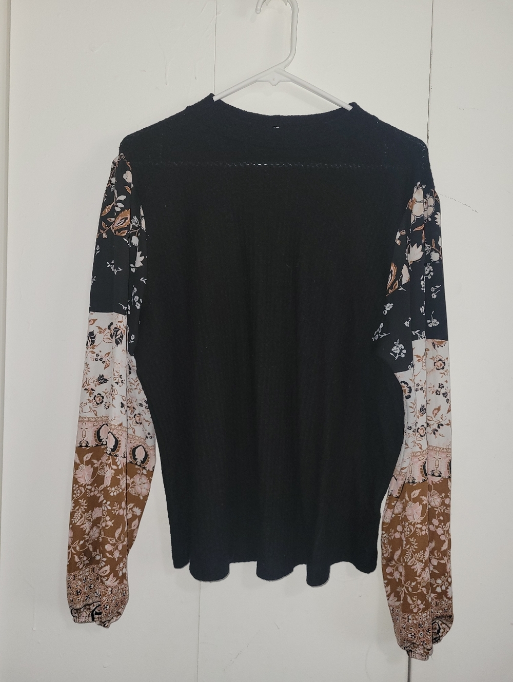 Maurices Black Top with Mixed Floral Patchwork Sleeves